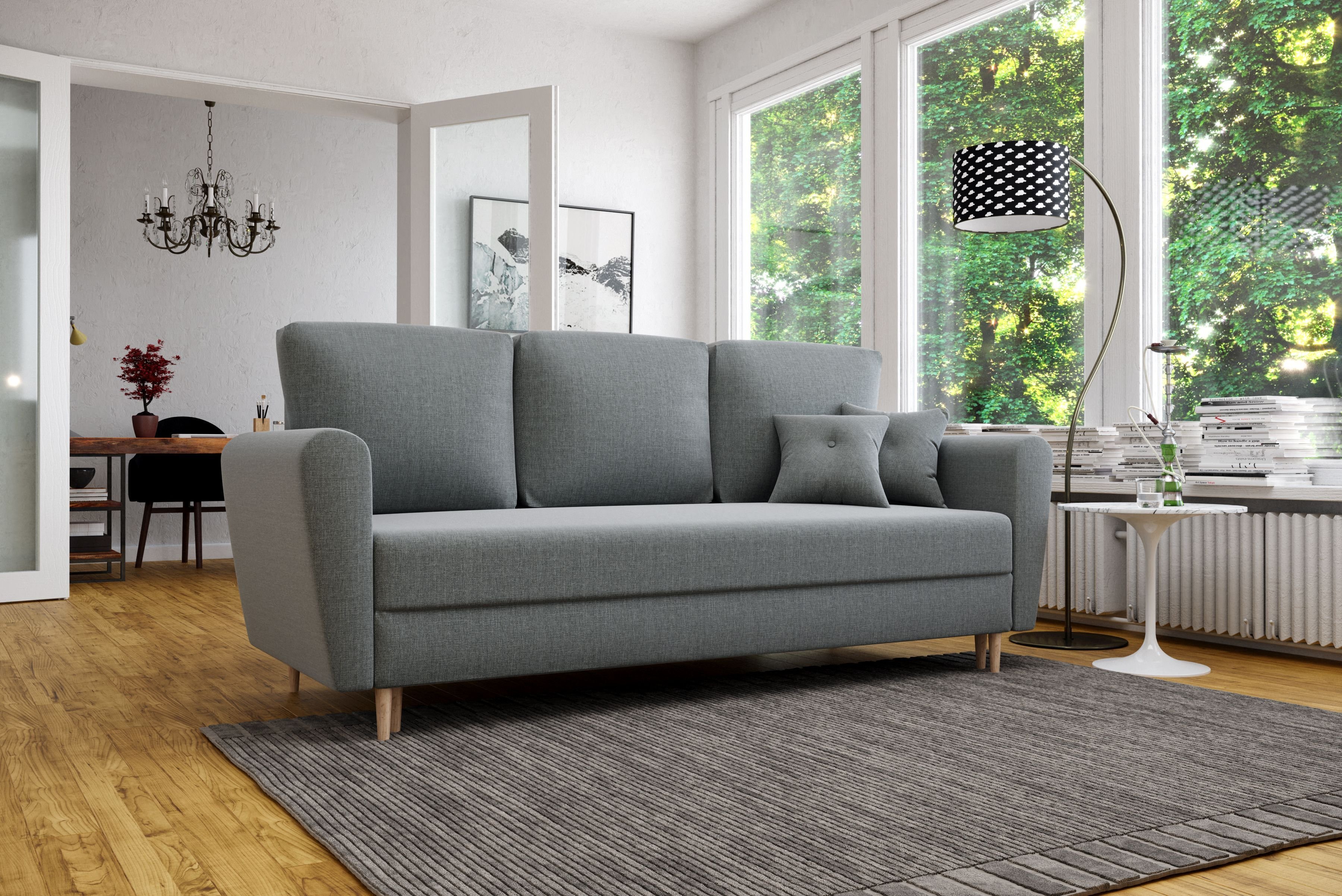 Sofa rozkładana LILI, sofa z funkcją spania i pojemnikiem na pościel, sofa rozkładana, sofa na nóżkach z naturalnego drewna, sofa w kolorze: jasnoszary, tkanina welurowa