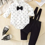 Komplety dla niemowląt - TEMU Dwuczęściowy zestaw dla niemowląt: stylowy, swobodny top z muszką i pełnym nadrukiem, w połączeniu z regulowanymi szelkami w jednolitym kolorze, - miniaturka - grafika 1