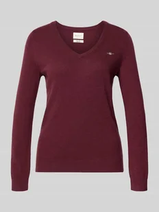 Sweter z dzianiny z mieszanki wełny jagnięcej z dekoltem w serek - Swetry damskie - miniaturka - grafika 1
