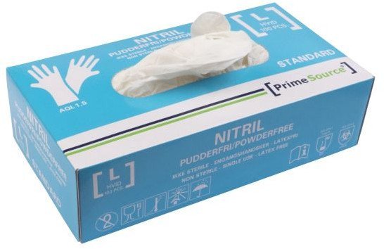 Engangshandske Prime Source STANDARD str. L uden pudder Nitril AQL 1.5 hvid - 100 stk.