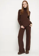 Komplety damskie - Brązowy Dzianinowy Komplet z Wełną i Bawełną Spodnie i Sweter z Golfem Errele - miniaturka - grafika 1