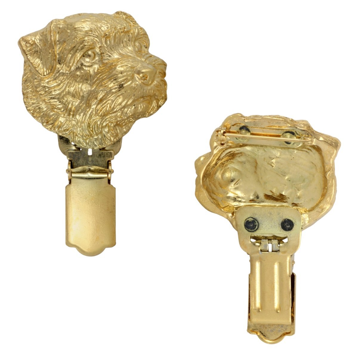 Norfolk Terrier - broszka z klipsem, pozłacany uchwyt na numer startowy, prezent na wystawę psów marki Art-Dog