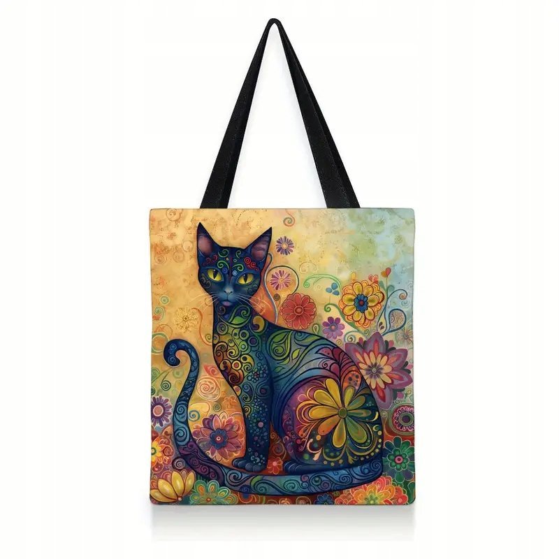 Torba shopperka tote niebieski kot art koty kwiaty retro płócienna art deco