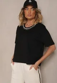 Koszulki i topy damskie - Czarny T-shirt z Bawełny z Cyrkoniami Fadeola - miniaturka - grafika 1
