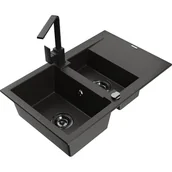 Zlewozmywaki z baterią - Mexen Gaspar zlewozmywak granitowy 1,5-komorowy z ociekaczem i baterią kuchenną Rita, czarny/złoty - miniaturka - grafika 1