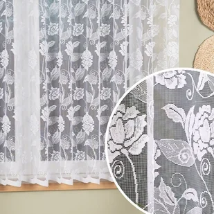 Krótka firanka żakardowa do salonu ze wzorem wijących się róż, wysokość 160 cm, kolor biały - sprzedawana na metry - Firany - miniaturka - grafika 1