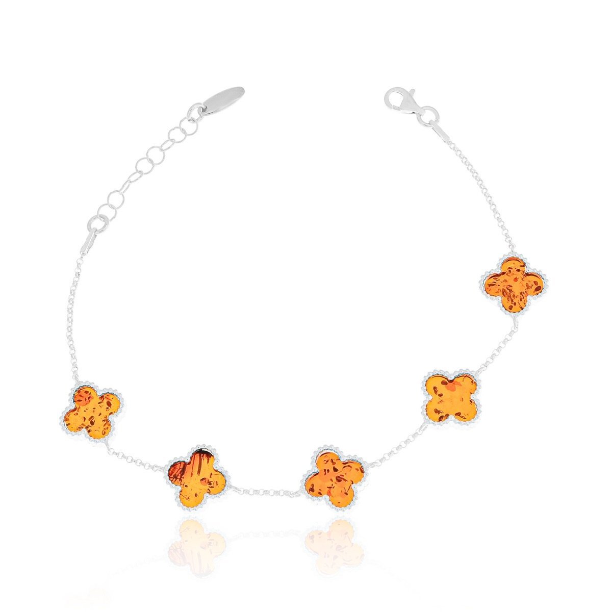 Srebrna bransoletka z bursztynem koniczynka 18 cm pr. 925