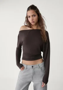 Stradivarius Koszulka z asymetrycznym dekoltem Brązowy XL - Koszulki i topy damskie - miniaturka - grafika 1