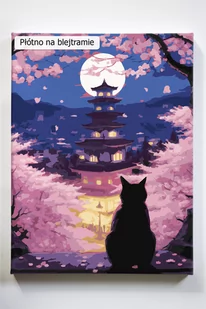Japońskie nastroje, Japonia, kot, Azja, noc, drzewa, malowanie po numerach - Malowanie po numerach - miniaturka - grafika 1