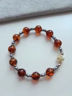 Bransoletki - Bransoletka Różaniec Bursztyn Hematyt Krzyż Koniak - miniaturka - grafika 1