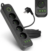 Przedłużacze i rozgałęźniki - Przedłużacz 4 gniazda 1,5m LISTWA ZASILAJĄCA czarny + 4x USB Z WŁĄCZNIKIEM - miniaturka - grafika 1