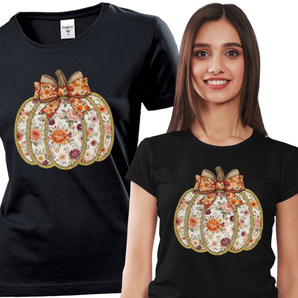 Koszulka damska Dynia Z Wzorem W Kwiatki Vintage Glitter Halloween XXL