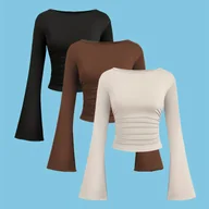 Bluzki damskie - TEMU Zestaw 3 sztuk dla kobiet: dopasowany krótki top z falbankami, dostępny w jednolitych kolorach takich jak czarny, kawa i . Posiada marszczoną - miniaturka - grafika 1