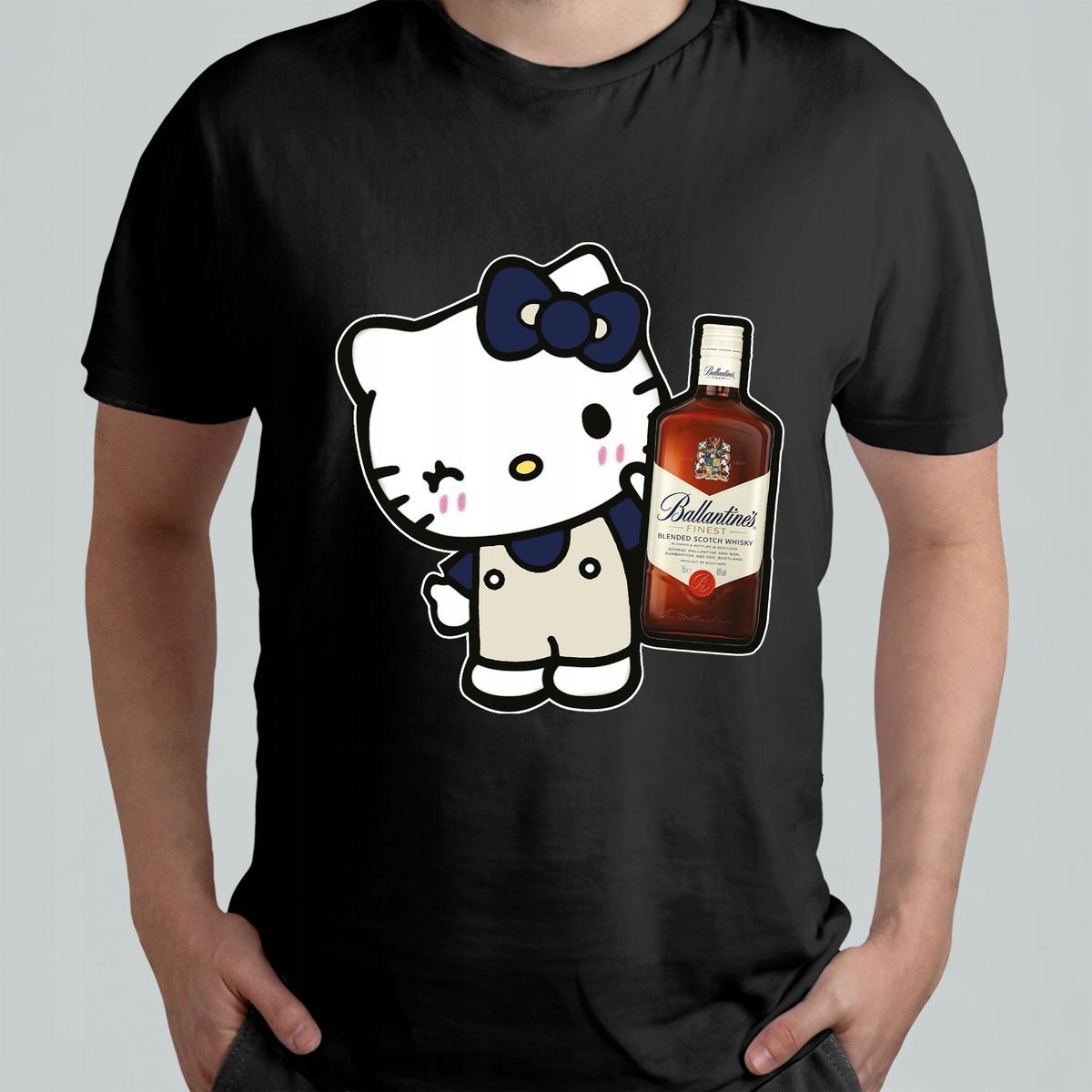 CZARNA KOSZULKA Z NADRUKIEM MĘSKA ŚMIESZNA T-SHIRT HELLO KITTY BALLANTINES