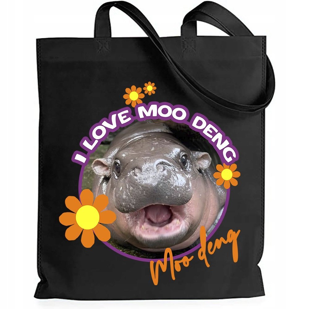 Torba Eko Shopper Czarna Bawełniana Na Zakupy Hipopotan I Love Moo Deng Wz