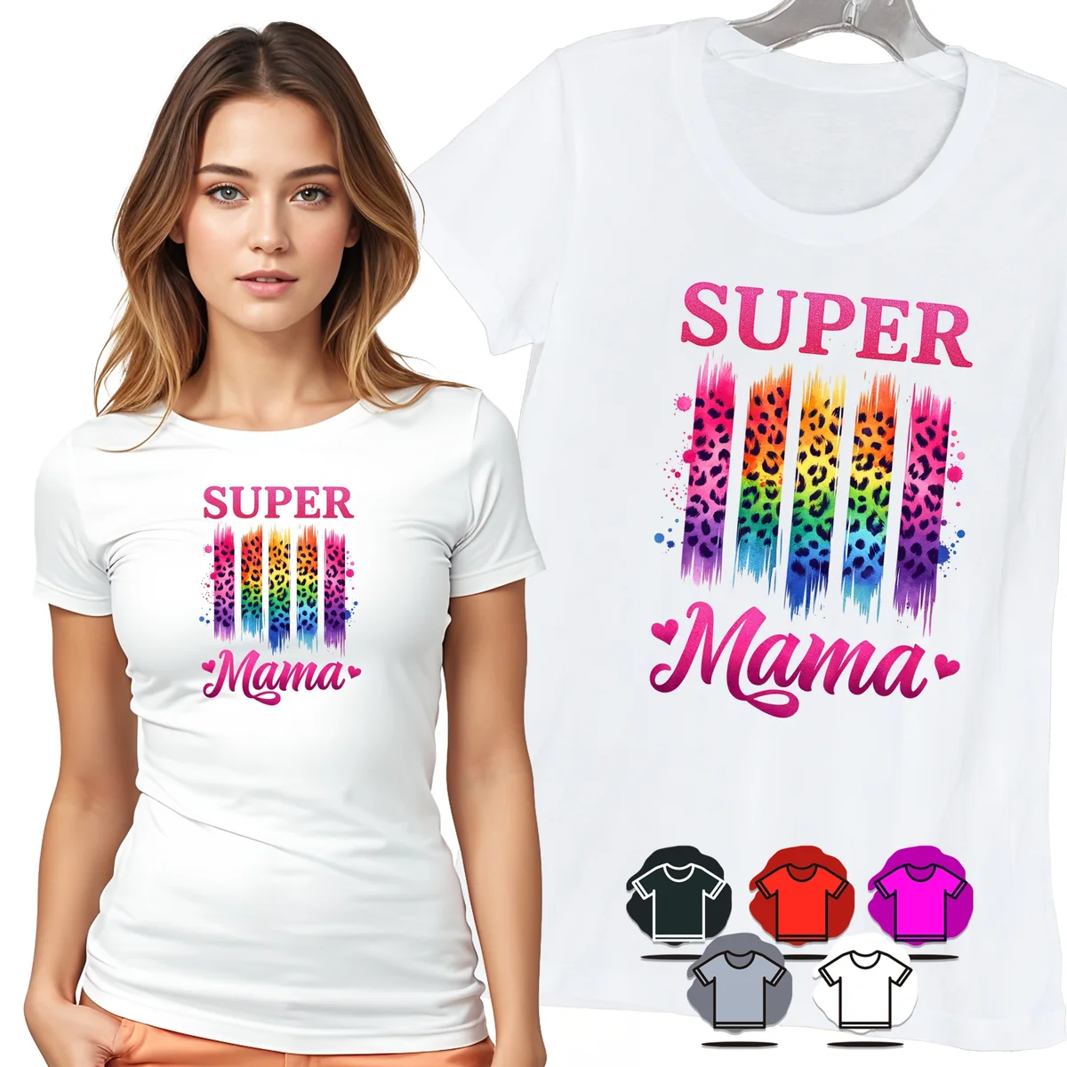 KOSZULKA DAMSKA T-SHIRT - SUPER MAMA TĘCZOWA PANTERKA KOLOROWY DAMSKI - M