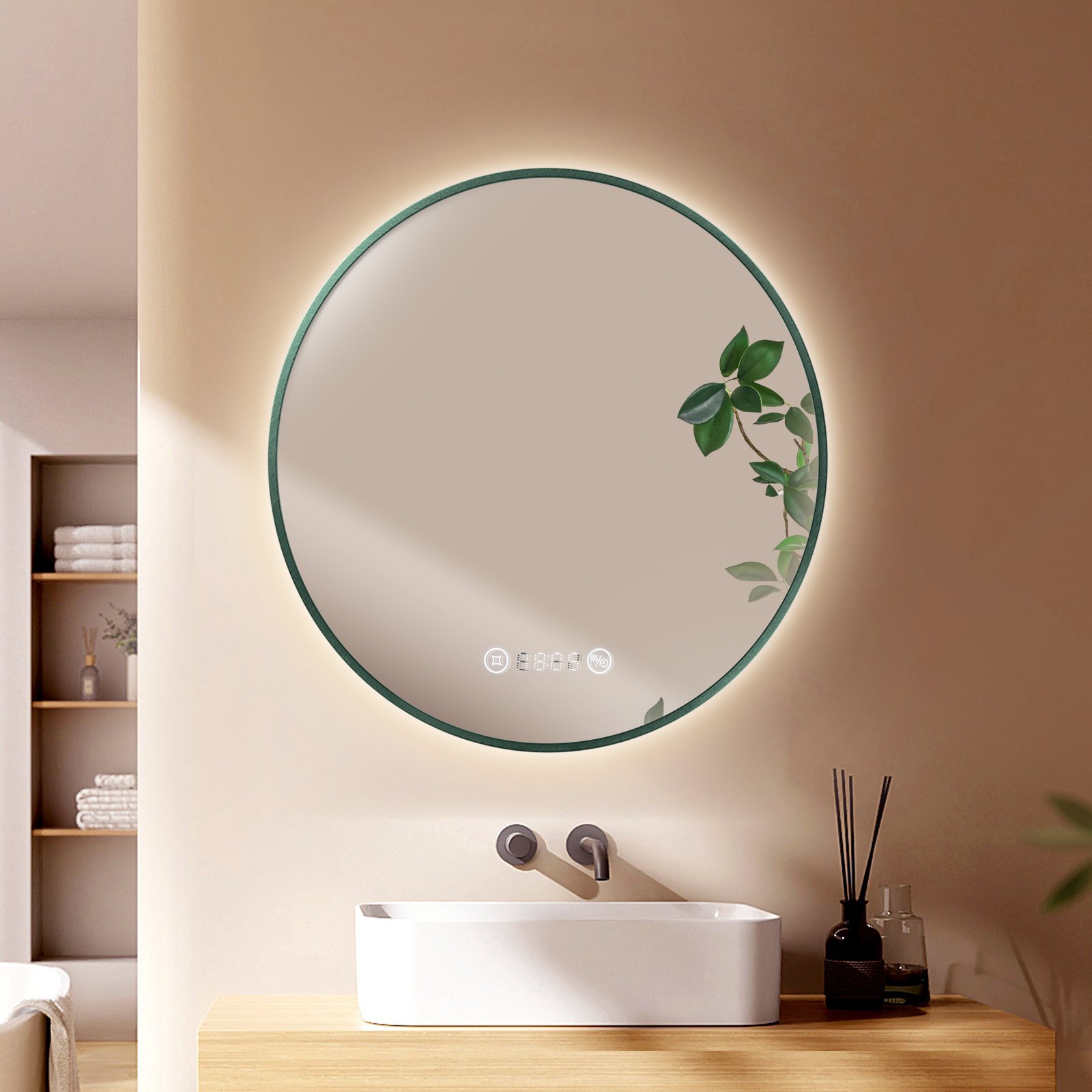 Lustro łazienkowe EMKE z oświetleniem 60 cm ciemnozielone lustro łazienkowe z ramą przeciwmgielną, ściemniane okrągłe lustro łazienkowe z przełącznikiem dotykowym i zegarem