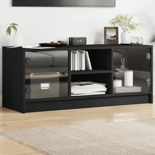 Szafka pod telewizor ze szklanymi drzwiami czarna 102x37x42 cm - Szafki RTV - miniaturka - grafika 1
