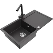Zlewozmywaki z baterią - Mexen Leo zlewozmywak granitowy 1-komorowy z ociekaczem i baterią kuchenną Duero, czarny nakrapiany - miniaturka - grafika 1