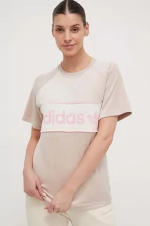 Koszulki sportowe damskie - adidas Originals t-shirt welurowy kolor beżowy - grafika 1