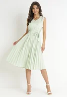 Sukienki - Miętowa Plisowana Sukienka Midi z Rozkloszowanym Dołem i Materiałowym Paskiem Katinka - miniaturka - grafika 1
