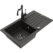 Zlewozmywaki z baterią - Mexen Pablo zlewozmywak granitowy 1-komorowy z ociekaczem i baterią kuchenną Carla, czarny/złoty metalik - miniaturka - grafika 1