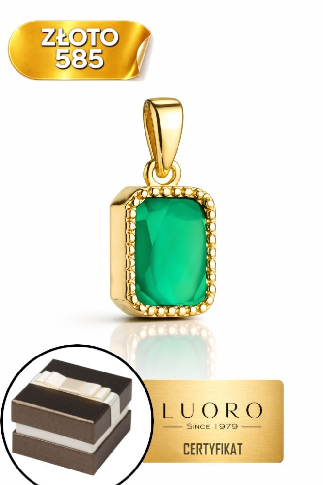 ZAWIESZKA ZŁOTA 585 14K PROSTOKĄT Z ZIELONYM AGATEM 15 MM ELEGANCKA