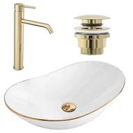 Umywalki - Rea Zestaw Royal gold edge + bateria wysoka Lungo gold + korek uniwersalny gold - miniaturka - grafika 1