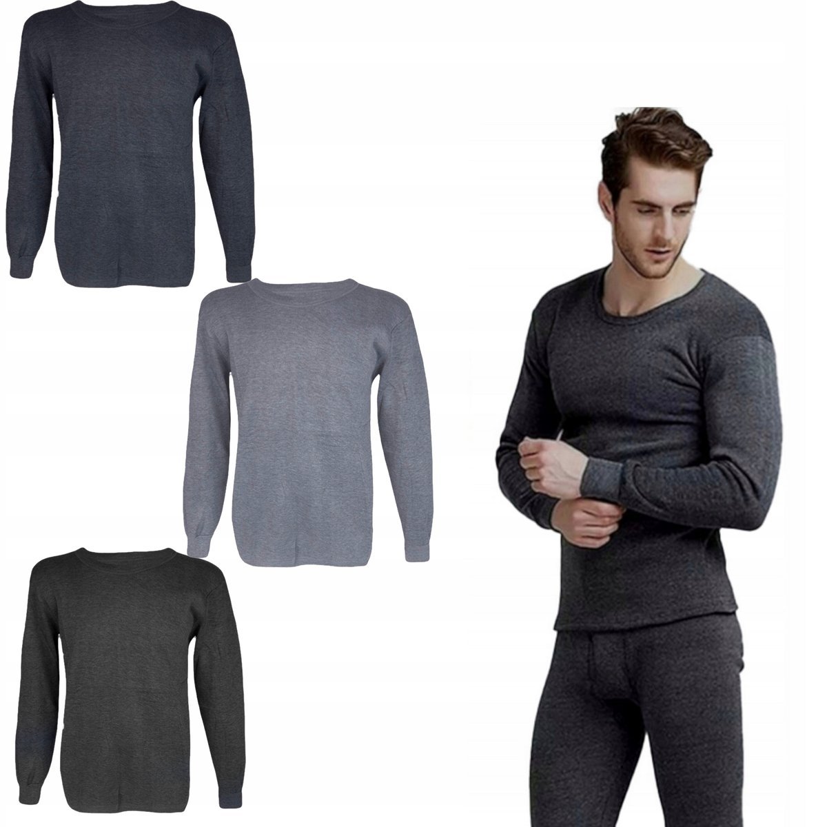 Zestaw 3 Podkoszulek Męski Szary Grafitowy Ciemny Ocieplany Bawełna XL/XXL