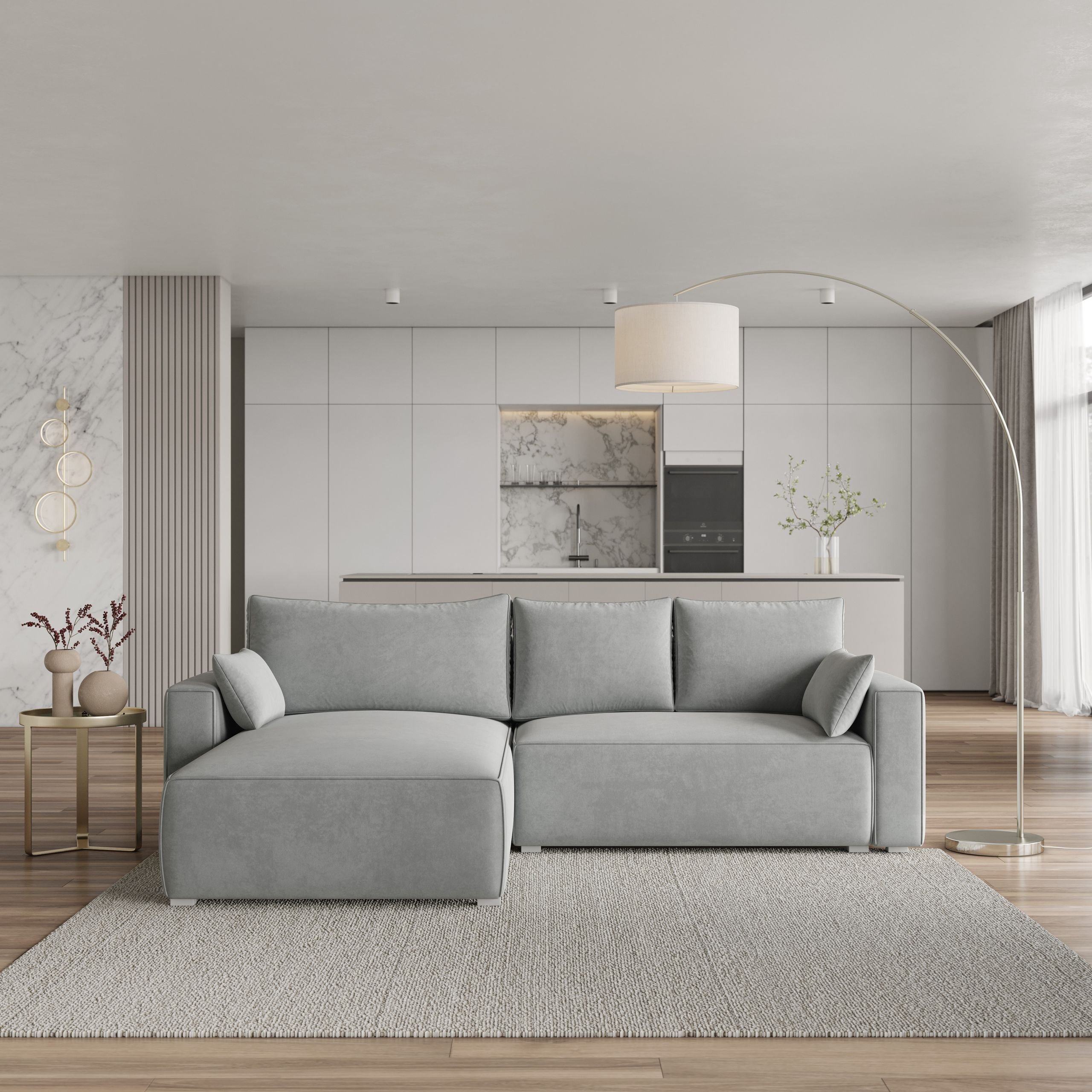 Masseno Narożnik FORIL z funkcją spania i pojemnikiem na pościel Kształt L, Rozkładana sofa, Rogówka - Jasnoszary, MONOLITH 84