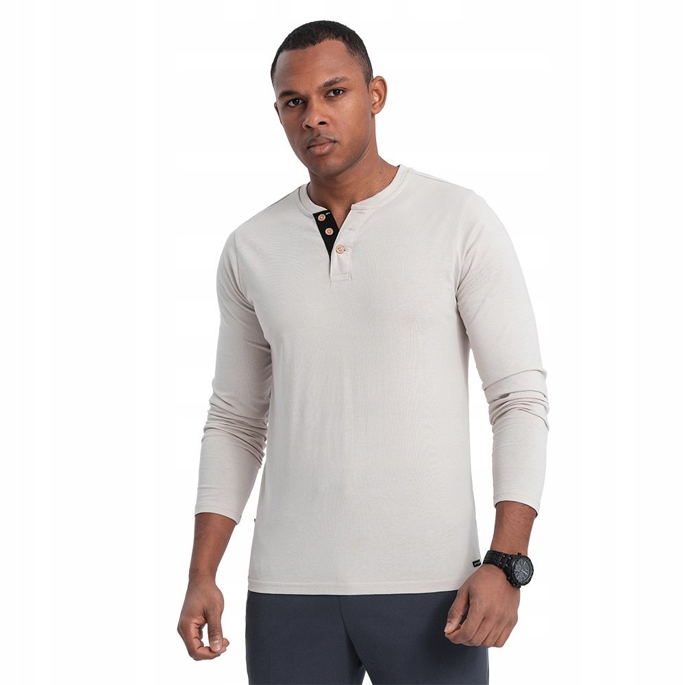 Koszulka męska Longsleeve guziki jasnoszary bawełna V6 OM-LSCL-0107 r. XL