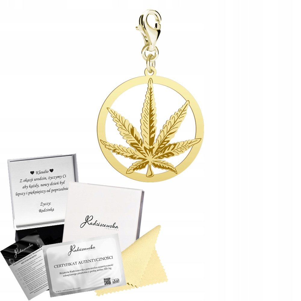 Charms Złoty KONOPIE LIŚĆ MARIHUANA Karabińczyk SREBRO 925 ŻYCZENIA GRATIS