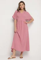 Sukienki - Ciemnoróżowa Sukienka z Bawełną i Górą w Stylu Nietoperza Filenia - miniaturka - grafika 1