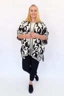 Swetry damskie - Czarno-beżowe Eleganckie Ponczo Damskie w Róże UNI - miniaturka - grafika 1