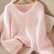 Swetry damskie - TEMU Sweter Damski z Eleganckim Dekoltem w Serek - Miękka Pastelowa Róż, Luźny Sweter na Jesień/Zimę, Stylowe Ubrania do Biura i Codziennego Noszenia - miniaturka - grafika 1