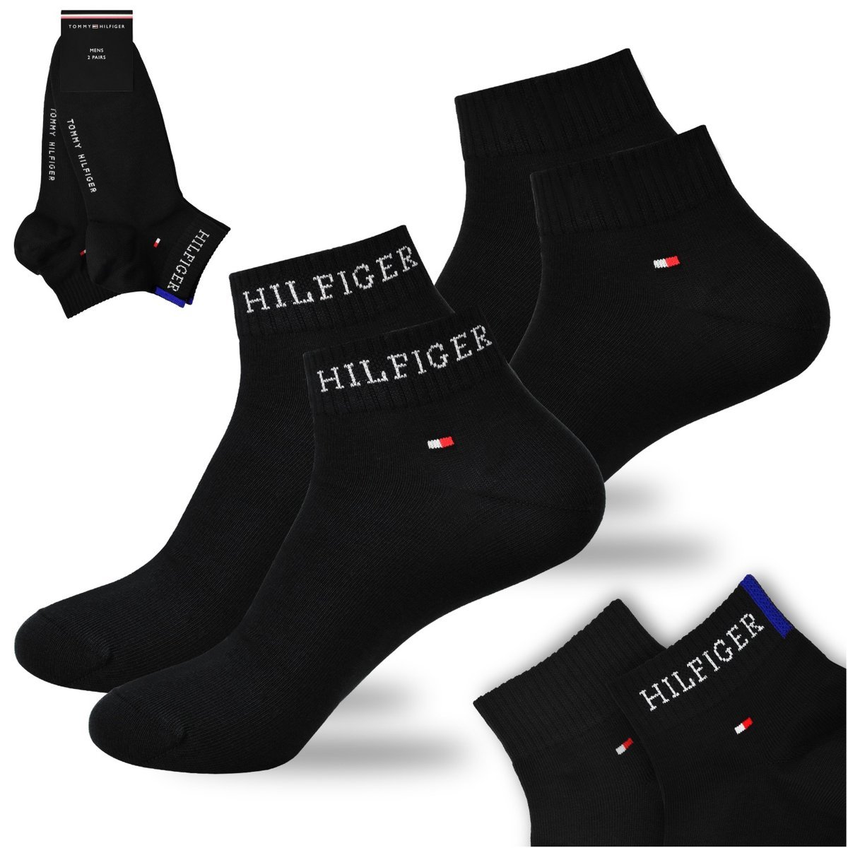 TOMMY HILFIGER Skarpety Męskie Za Kostkę Bawełna Logo CZARNE 2 Pary Rozmiar 43/46