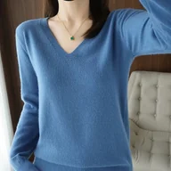 Swetry damskie - TEMU Wiosenno-Jesiowy Lekki Sweter z Dekoltem w Serek, Modny Damski Pulower w Jednokolorowym Kolorze Seaweed Blue, Luźny Krój z Długim Rękawem – - miniaturka - grafika 1