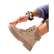 Botki damskie - Goodin Beżowe Traperki Z Kożuszkiem beżowy - miniaturka - grafika 1