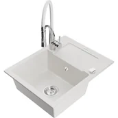 Zlewozmywaki z baterią - Mexen Enzo zlewozmywak granitowy 1-komorowy z ociekaczem i baterią kuchenną Aster, biały - miniaturka - grafika 1