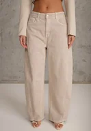 Spodnie damskie - Beżowe Jeansy z Bawełny Typu Balloon High Waist Ozdobione Przeszyciami Eunaris - miniaturka - grafika 1