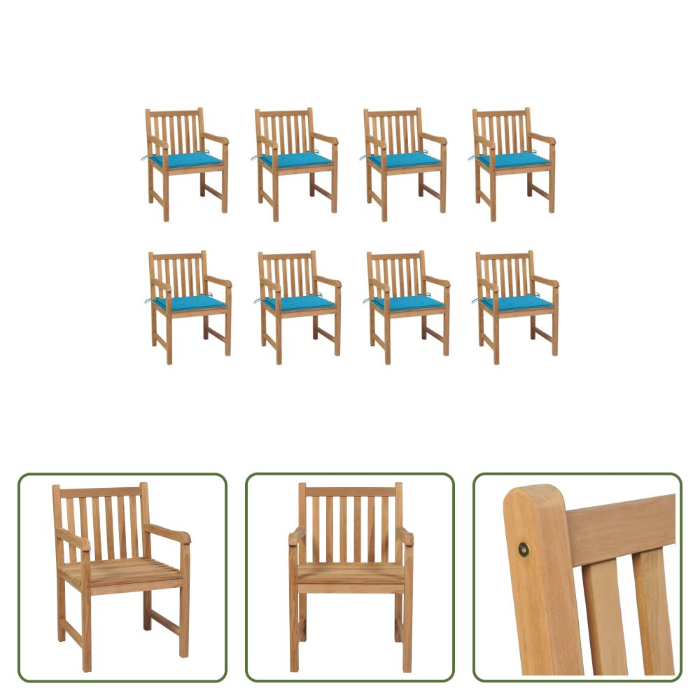 The Living Store krzesła ogrodowe 8 szt. z niebieskimi poduszkami z litego drewna tekowego