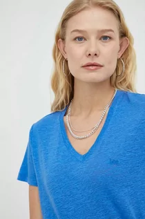 Koszulki sportowe damskie - Lee t-shirt z domieszką lnu kolor niebieski - grafika 1
