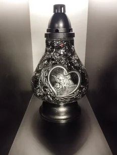 Znicz Lampion Premium Karafa Witraż Czarno-Srebrne Serce Z Aniołkiem Nowość - Lampiony i znicze - miniaturka - grafika 1