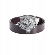 Paski - Pas pasek SKÓRZANY PREMIUM brązowy SREBRNY WILK WIEDŹMIN DUŻA KLAMRA 120 cm - miniaturka - grafika 1