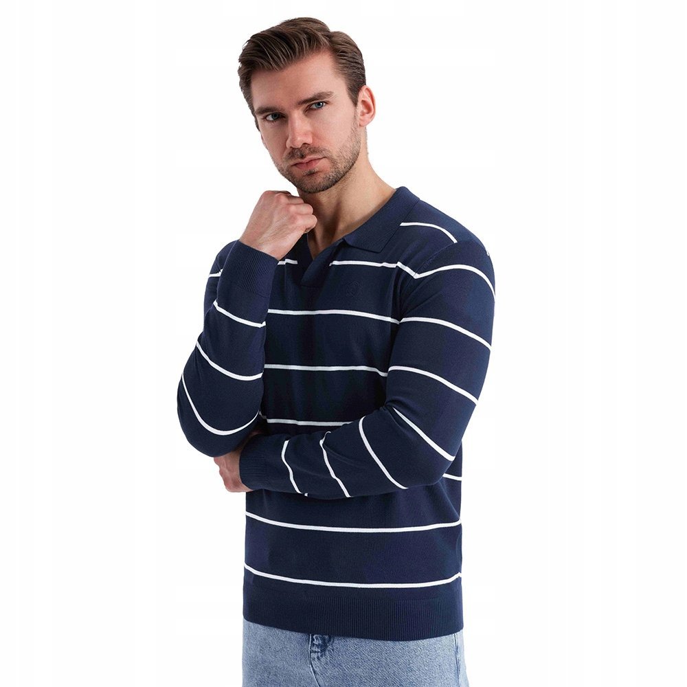 Męski longsleeve polo z wiskozą paski granatowo-biały OM-POLS-0146 V1 r XL