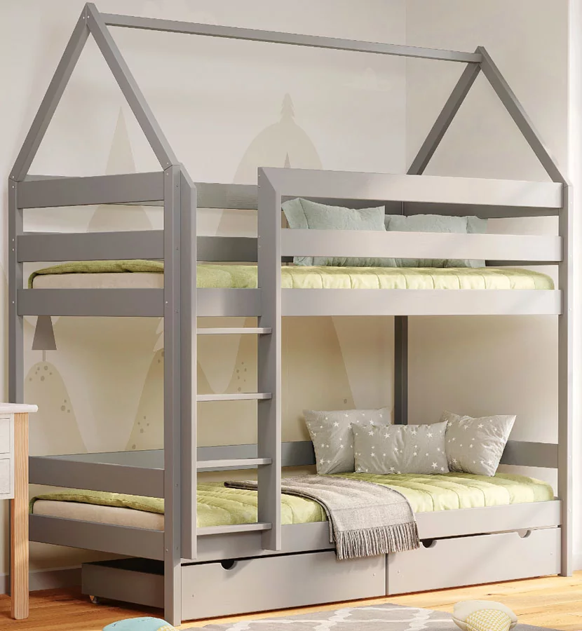 Piętrowe szare drewniane łóżko dziecięce domek z 2 szufladami - Zuzu 4X 180x80 cm