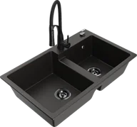 Zlewozmywaki z baterią - Mexen Tomas zlewozmywak granitowy 2-komorowy z baterią kuchenną Aster, czarny/złoty metalik - 6516-75-73450-70-B - miniaturka - grafika 1