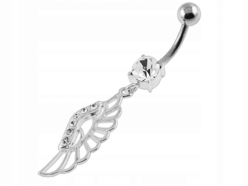 Srebrny kolczyk 925 do pępka białe skrzydło na prezent efektowny wzór modny