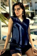 Piżamy damskie - Satynowy komplet Skylor granatowy S - miniaturka - grafika 1