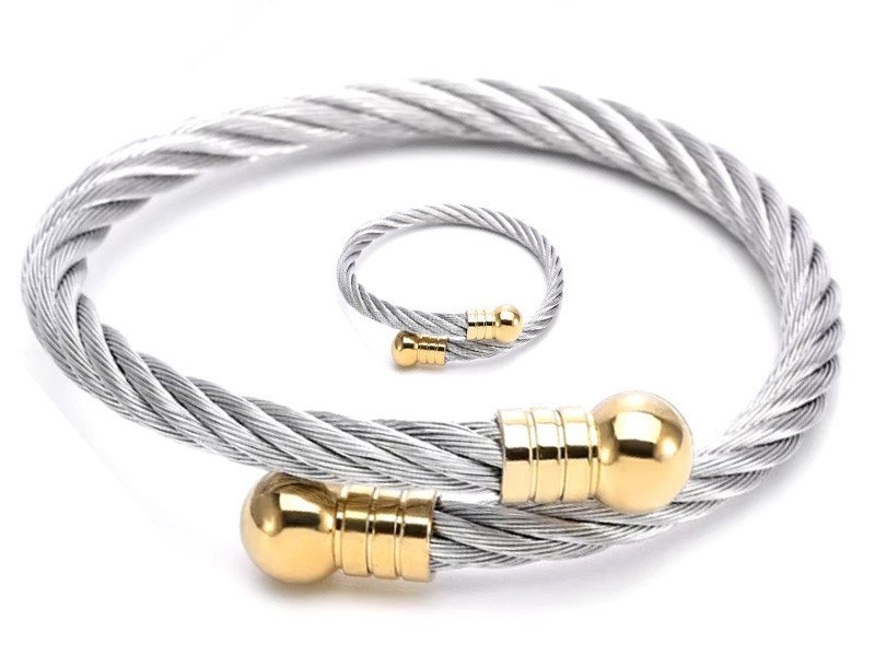 Nowoczesny zestaw biżuterii pierścionek i bransoletka skręcana sztywna bangle